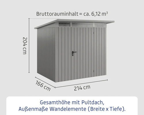 Abmessungen eines grauen Gerätehauses mit Pultdach