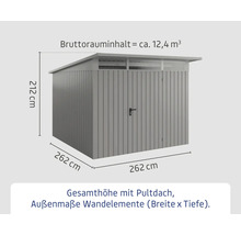 Geräteschuppen mit den Maßen 212 cm Höhe, 262 cm Breite und 262 cm Tiefe