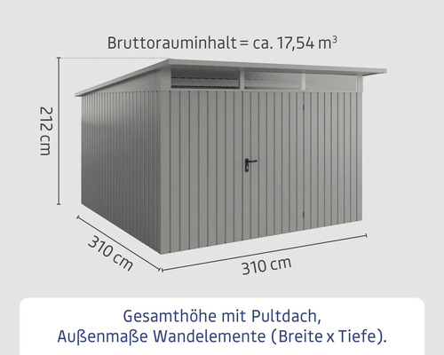 Gartenhaus mit den Maßen 310 x 310 x 212 cm und einem Bruttorauminhalt von circa 17,54 Kubikmeter.
