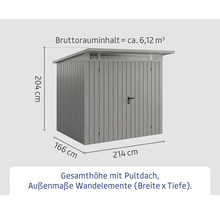 Abmessungen eines Geräteschuppens mit Pultdach: 204 Zentimeter Höhe, 166 Zentimeter Tiefe, 214 Zentimeter Breite und circa 6,12 Kubikmeter Bruttorauminhalt.