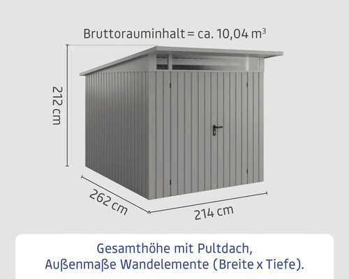 Gartenschrank mit Pultdach, Aussenmasse Wandelemente Breite 214 Zentimeter, Tiefe 262 Zentimeter, Höhe 212 Zentimeter und Bruttorauminhalt 10,04 Kubikmeter.