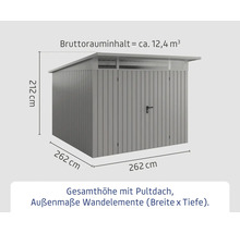 Image d'un abri de jardin avec toit monopente et indications de dimensions