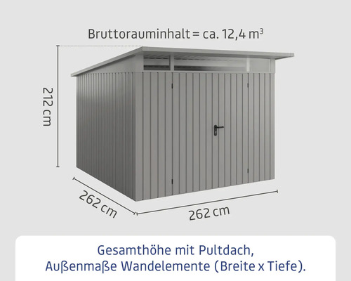Image d'un abri de jardin avec toit monopente et indications de dimensions