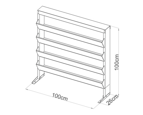 Dessin d'un rayonnage à plantes de 100 cm sur 100 cm et de 26 cm de profondeur.