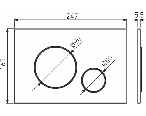 Dessin technique d'une plaque avec deux perçages, diamètre 90 mm et 50 mm, dimensions 247 mm x 165 mm