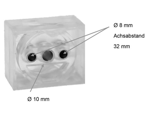 Transparentes Gehäuse mit drei Bohrungen von 8 mm Durchmesser und einer Bohrung von 10 mm Durchmesser