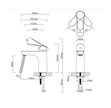 Technische Zeichnung einer Armatur mit Maßangaben