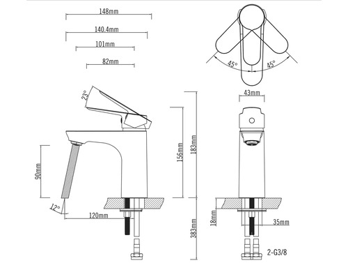 Technische Zeichnung eines Wasserhahns mit Maßangaben