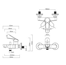 Technische Zeichnung einer Armatur mit Maßangaben
