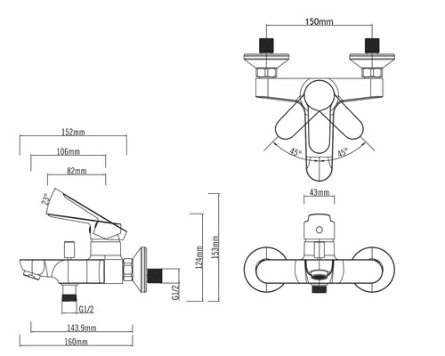 Technische Zeichnung einer Wasserarmatur mit Maßangaben