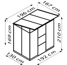 Abmessungen Gewächshaus: 210 cm Höhe, 192 cm Breite, 130 cm Tiefe