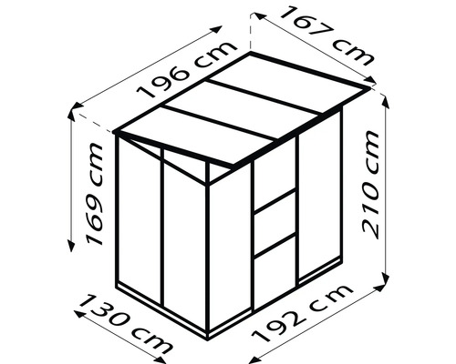 Technische Zeichnung eines Gerätehauses mit den Maßen 130 cm mal 192 cm Grundfläche und einer Höhe von 210 cm.