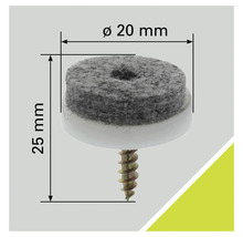 Patins en feutre avec vis, diamètre 20 millimètres, longueur totale 25 millimètres