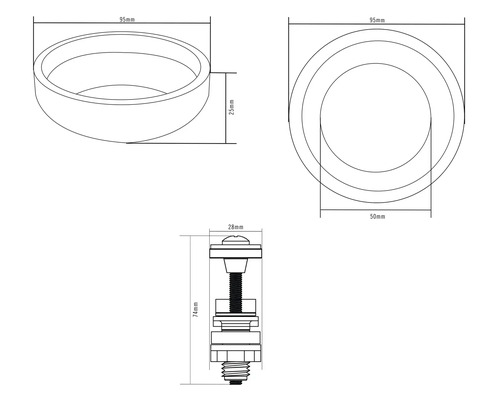 Schéma technique d'un bouchon de lavabo avec les dimensions 95 millimètres, 50 millimètres, 28 millimètres, 25 millimètres et 74 millimètres.