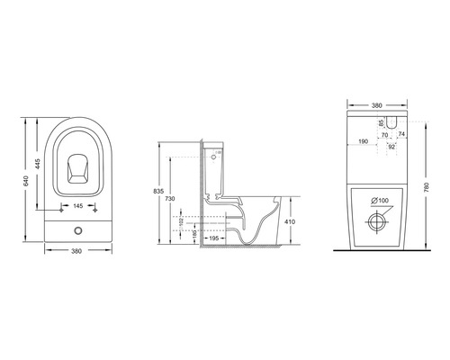 Schéma technique d'un WC au sol avec dimensions