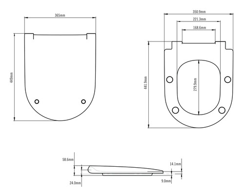 Dessin technique d'un couvercle de toilette avec indications de dimensions