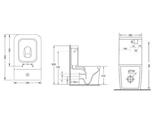 Schéma technique d'un WC au sol avec dimensions