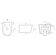 Schéma technique d'un WC suspendu avec indications de dimensions