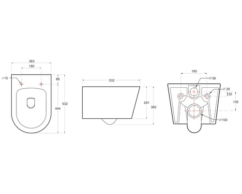 Schéma technique d'un WC suspendu avec indications de dimensions
