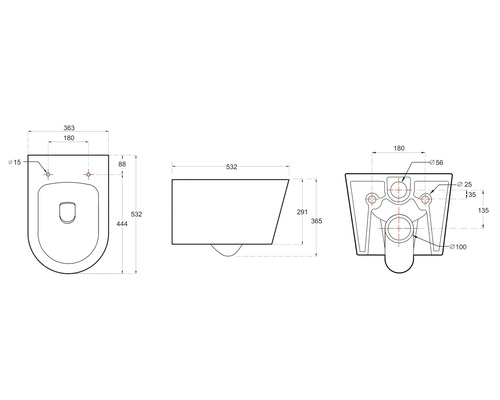 Dessin technique d'un WC suspendu avec indications de dimensions