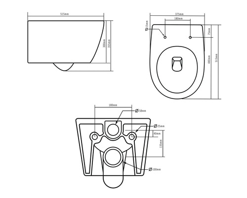 Technische Zeichnung eines Wand-WCs mit Maßangaben