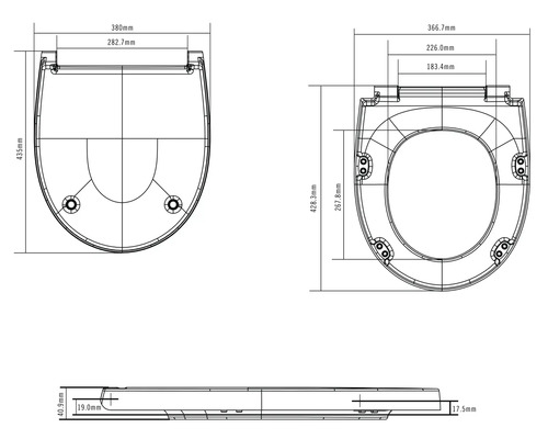 Technische Zeichnung eines WC-Sitzes mit Maßangaben