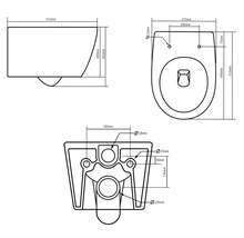 Schéma technique d'un WC suspendu avec dimensions.