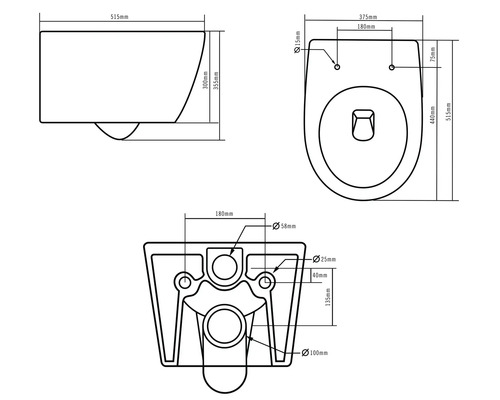 Schéma technique d'un WC suspendu avec dimensions.