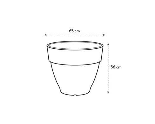Abbildung eines Blumentopfes mit den Maßen 65 cm Breite und 56 cm Höhe.