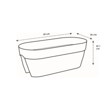 Image d'un bac à fleurs avec des dimensions de 59 cm de long, 26 cm de large et 47,1 cm de haut.