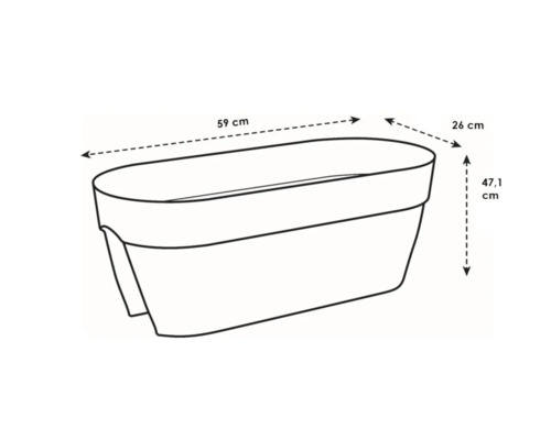 Image d'un bac à fleurs avec des dimensions de 59 cm de long, 26 cm de large et 47,1 cm de haut.