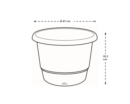 Illustration d'un pot de fleurs mesurant 47 cm de diamètre et 35,3 cm de haut