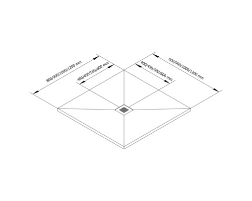 Dessin technique d'un receveur de douche avec des dimensions de 800/900/1000/1200 mm et 400/450/500/600 mm