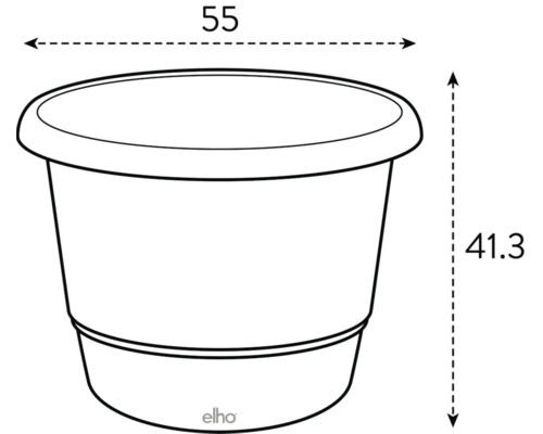 Image d'un pot de fleurs avec les dimensions 55 et 41,3 plus le logo Elho