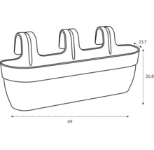 Image d'une jardinière de balcon avec les dimensions 69 x 23,7 x 26,8 cm.
