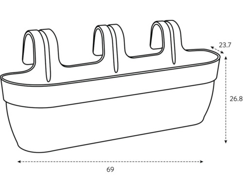 Image d'une jardinière de balcon avec les dimensions 69 x 23,7 x 26,8 cm.