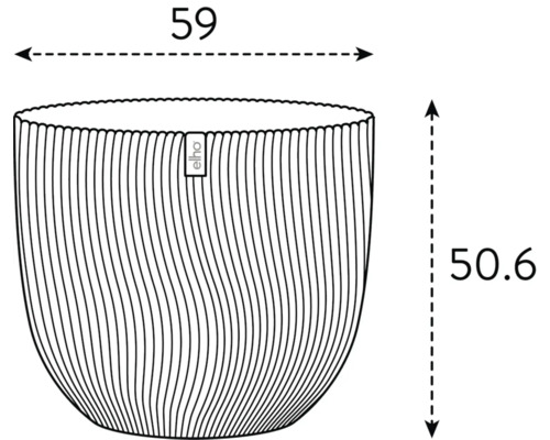 Schéma technique d'un pot de fleurs avec des dimensions de 59 x 50.6 cm.