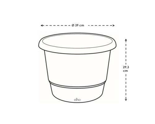 Image d'un pot de fleurs avec des dimensions de 39 cm de diamètre et 29,3 cm de hauteur.