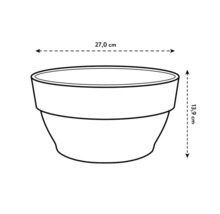 Schéma d'un pot de fleurs avec des dimensions de 27,0 cm de largeur et 13,9 cm de hauteur.