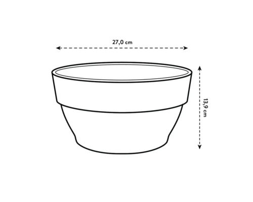 Schéma d'un pot de fleurs avec des dimensions de 27,0 cm de largeur et 13,9 cm de hauteur.