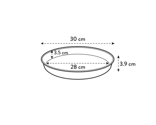 Skizze einer runden Pflanzschale mit den Maßen 30 cm, 28 cm, 3,5 cm und 3,9 cm.