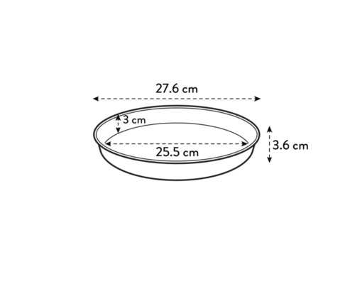 Abbildung einer runden Backform mit den Massangaben 27,6 cm, 25,5 cm, 3 cm und 3,6 cm.