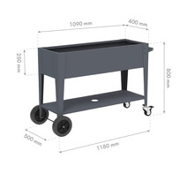Image d'un bac à plantes mesurant 1090 mm de long, 400 mm de large et 250 mm de haut, placé sur un châssis mobile avec des roues et une étagère de rangement supplémentaire. La hauteur totale est de 800 mm, la longueur du châssis est de 1180...