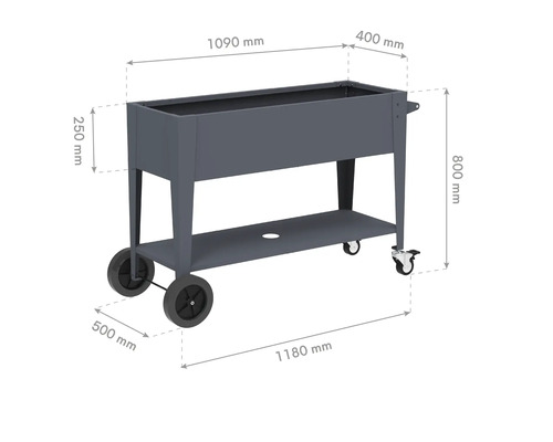 Image d'un bac à plantes mesurant 1090 mm de long, 400 mm de large et 250 mm de haut, placé sur un châssis mobile avec des roues et une étagère de rangement supplémentaire. La hauteur totale est de 800 mm, la longueur du châssis est de 1180...