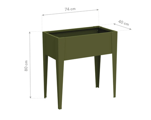 Rechteckiger Pflanztrog aus Metall mit den Maßen 74 x 40 x 80 cm.