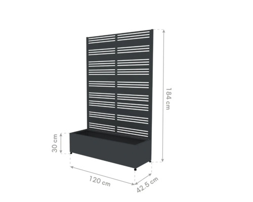 Sichtschutzwand mit Pflanzkasten, 184 cm hoch, 120 cm breit und 42,5 cm tief