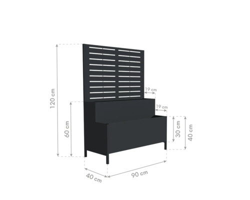 Dimensions du bac à fleurs avec treillis : 120 cm de hauteur, 90 cm de largeur et 40 cm de profondeur