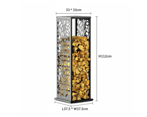 Brennholzregal aus Metall mit Holzmuster und Holzscheiten