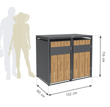 Doppel Mülltonnenbox aus Metall und Holz mit den Maßen 116 cm Höhe, 80 cm Tiefe und 132 cm Breite