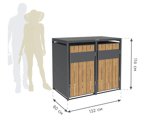 Doppel Mülltonnenbox aus Metall und Holz mit den Maßen 116 cm Höhe, 80 cm Tiefe und 132 cm Breite
